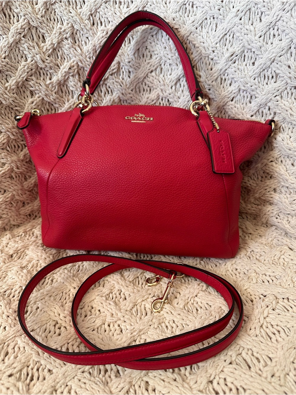 Coach Red Pebbled Leather Shoulder Satchel with Removable Strap